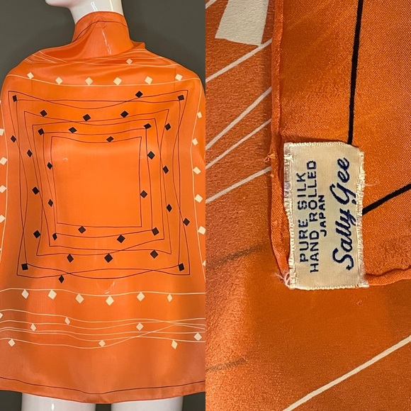 Vintage Tangerine Sally Gee Silk Scarf 30 In Sq Excellent Condition - Picture 2 of 8